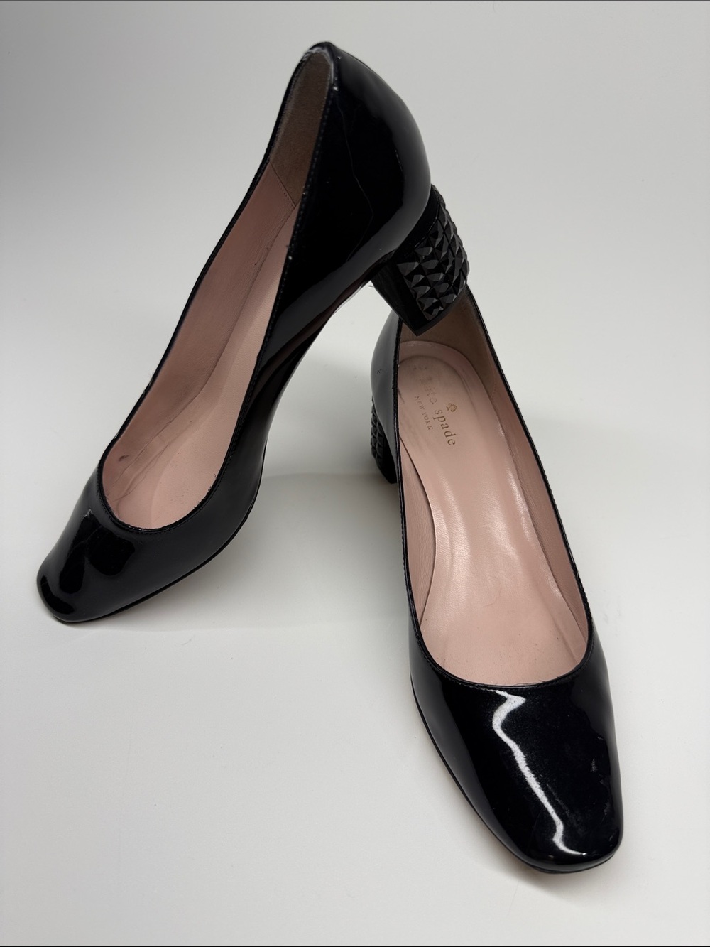 kate spade Black Patent Leather Studded Block Heel Pumps